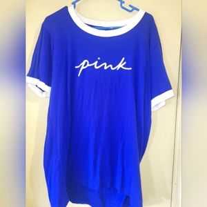 VICTORIAS SECRET PINK CAMPUS RINGER LOGO TEE SHIRT BLUE